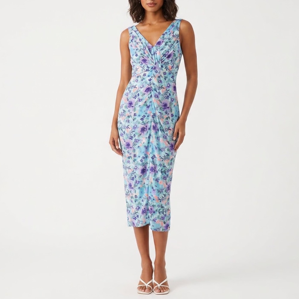 Dee Elly Floral Twist Front Strapless Midi Dress Aqua Purple Large